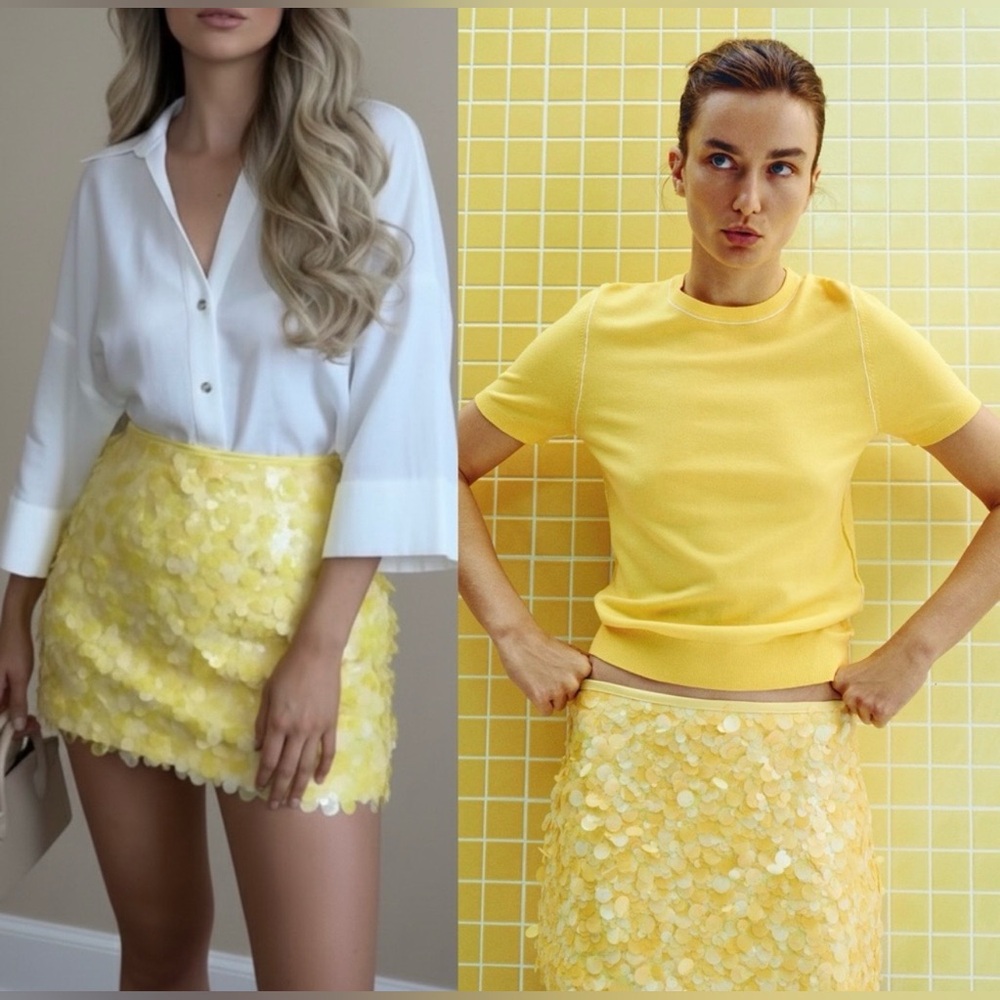 Zara Mini Sequin Skirt in Yellow - Picture 2 of 7
